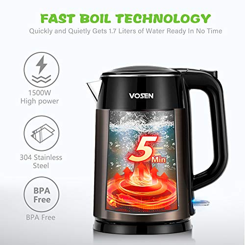 Electric Kettle VOSEN Electric Tea Kettle 1.7L Double Wall Stainless