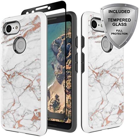 Google Pixel 3 case, ChangeJ Heavy Duty Shockproof Reinforced Hard PC Frame TPU Bumper Tempered Glass Screen Protector Protective Case Google Pixel 3 - Marble