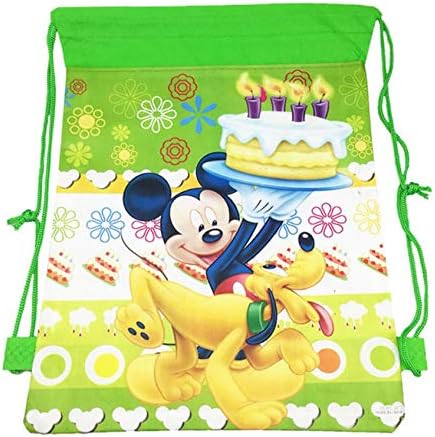 JDProvisions 12 Piece Disney Mickey Minnie Drawstring Bag Backpack for Party Favors Goodie Gift Birthday Bags 10" X 14" (Mickey-Green)