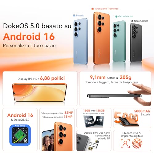 Blackview WAVE 10C Smartphone Offer Android 16.6.88 Inch HD+ IPS, 32MP+13MP, 16GB+128GB/1TB TF, 5000mAh Mobile Phone Offer/GPS/Face ID/WiFi 5G/3 Card Slots/3.5 mm/3 Years Warranty