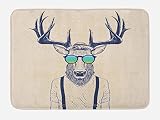 Ambesonne Antlers Bath Mat, Illustration of Deer Dressed up Like Cool Hipster Fashion Creative Fun Animal, Plush Bathroom Decor Mat with Non Slip Backing, 29.5" X 17.5", Beige Black