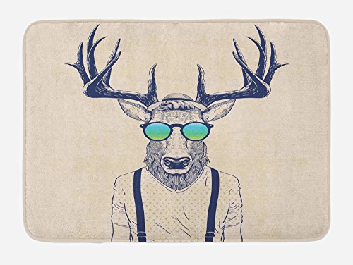 Ambesonne Antlers Bath Mat, Illustration of Deer Dressed up Like Cool Hipster Fashion Creative Fun Animal, Plush Bathroom Decor Mat with Non Slip Backing, 29.5" X 17.5", Beige Black
