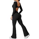 YEOREO One Piece Wide Leg Jumpsuits for Women Workout Long Sleeve Backless Flare Jumpsuit Lizvette Scrunch V Back Yoga Romper