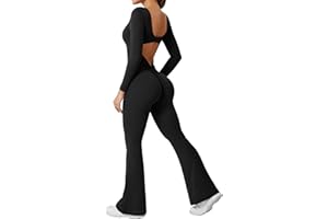 YEOREO One Piece Wide Leg Jumpsuits for Women Workout Long Sleeve Backless Flare Jumpsuit Lizvette Scrunch V Back Yoga Romper