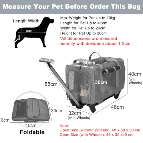 Pet Carrier Bag Cat Wheeled Bag Puppy Rolling Carrier with Detachable Wheel | Large Space Trolley Collapsible Breathable Vet Appointments for Car Seat Travel Small Dog Kitten, Plenty of Room