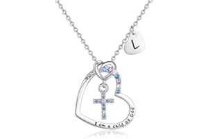 JOVDEY Cross Necklace for Girls | I am a child of God Necklace for Girls | Cross Birthstone Necklace | Heart Letter initial Necklace | 18K White Gold Plated Pendant Jewelry First Communion Baptism Gifts Christmas Birthday Gifts for Girl Women