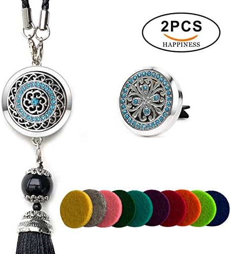 2PCS 30mm Car Aromatherapy Essential Oil Diffuser Stainless Steel Locket, Car Vent Diffuser - Rear View Mirror Charm Ornament with Vent Clip 10 Felt Pads(Blue)