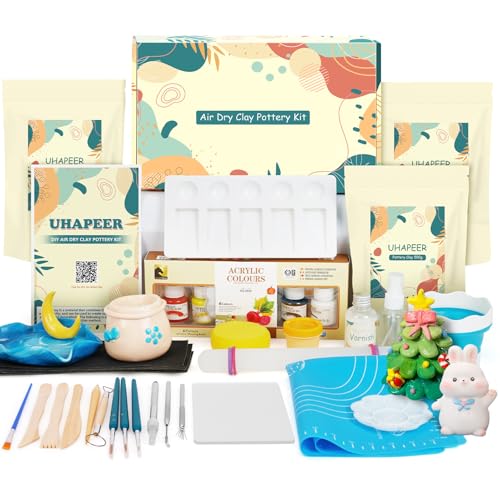UHAPEER Air Dry Clay Kit for Adults, Pottery Set for Beginners with Clay, Sculpting Tools, Varnish, Pottery Paint, Step-by-Step Guide & Video, Gift for Arts Crafts Lover