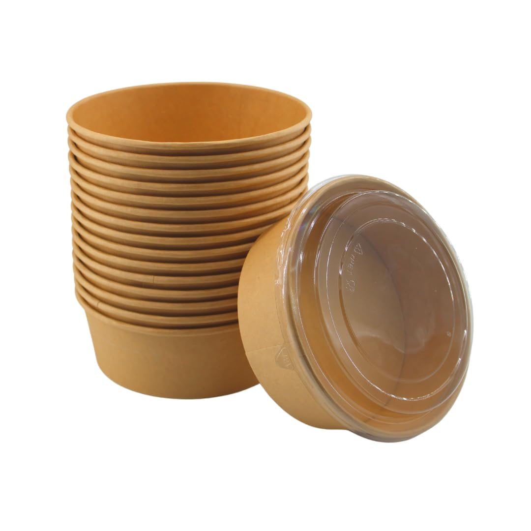 Jicyor 20-Piece 1000ml Paper Bowls with Lid, Modern Style, Brown and White, Medium Size, Durable for Salad, Dessert, Snack, General Serving
