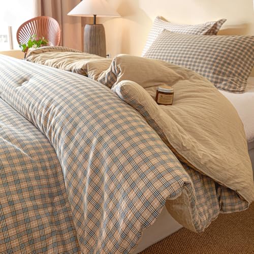 hadamick Cotton Comforter Set Queen Size Beige Plaid