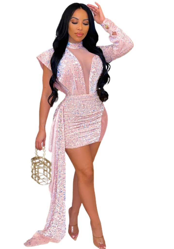 Pink Sequined Mesh Insert One Long Sleeve Body con Mini Dress Size UK 14