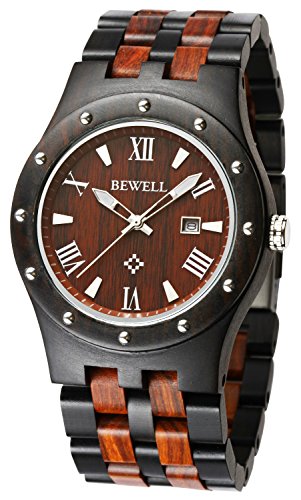 Bewell ZS-W109A Mens Wooden Watch Quartz Movement Lightweight Luminous Date Vintage Analog Wristwatch