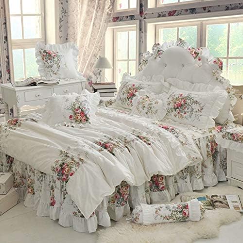 布団カバーセット ダブル 4点セット かわいい おしゃれ 花柄 フリル付き 掛け布団カバーセット 姫系 グレー 綿100 寝具カバーセット ベッドシーツ 枕カバー2枚 女の子 洋式セット インテリア プリンセス ベッドスカート 固定ヒモ付き 全開ファスナー プレゼント 洗濯可