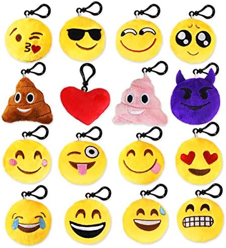 MelonBoat Emoji Mini Plush Pillows Keychain Decorations Kids Party Supplies (16 Pack), 2"