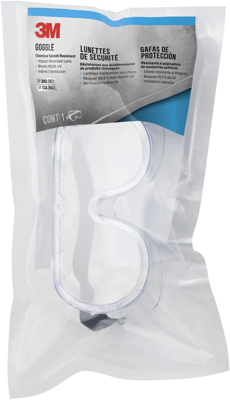 Photo 1 of 3M Goggle Chemical Splash, Impact-Resistant Lens, Blocks 99.9% of UV, Comfortable Elastic Headband, Vents Designed To Help Reduce Fogging, Provides A Secure & Personalized Fit (93506P1-DC)