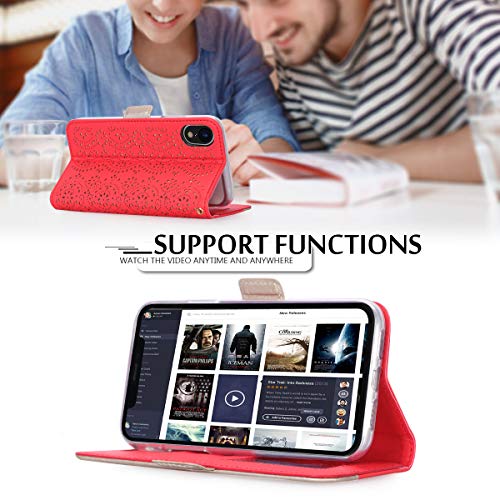 WWW Wallet Case for iPhone XR, [Luxurious Romantic Carved Flower] Leather Wallet Case with [Inside Makeup Mirror] and [Kickstand Feature] for Apple iPhone XR Case (2018) Red - Thumbnail 5