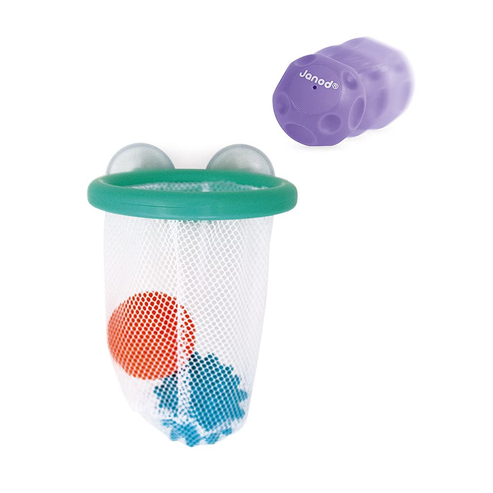 Janod - 'Tacti' Basket' Bath Toy with Squirters - 3 Squirter Balls - Early Childhood Toy - From 1 Year Old - J04708