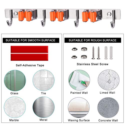 YUMORE Broom Mop Holder, Stainless Steel Heavy Duty Tools Hanger, Garden or Cleaning Tools Organizer for Kitchen Bathroom Closet Office Garden, Screw or Adhesive Installation Pack of 2 - Thumbnail 5
