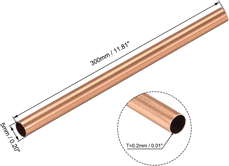 sourcing map Copper Round Tube, 5mm OD 0.2mm Wall Thickness 300mm Long Straight Pipe Tubing, 5mm x 0.2mm - Image 3