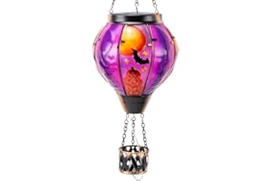 YELENEW Halloween Hot Air Balloon Solar Lanterns Outdoor Waterproof,Glass Pumpkin Solar Hot Air Balloon Lantern with Flame Flickering Lights for Patio,Porch,Yard,Garden Decor Halloween Gifts for Women