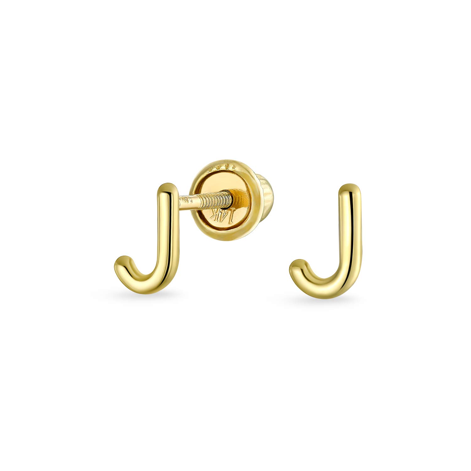 ABC Minimalist Real Yellow 14K Gold Capital Block Alphabet Letter Initial J Stud Earrings Safety Ball Screw Back For Teen For Women