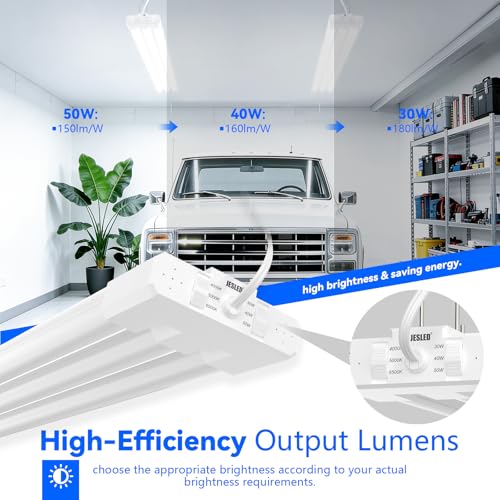 JESLED Linkable LED Shop Light for Garage, 4FT, 7500LM, Adjustable Power 30W/40W/50W, 3CCT 4000K/5000K/6500K, Plug-in Linear Worklight for Workshop, Hang or Flush Mount, ETL, EMC, FCC, White, 4-Pack