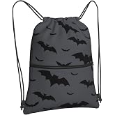 Qilerongrong Halloween Bats Drawstring Backpack, Gothic Black Grey Waterproof Drawstring Bag, Large Capacity Durable String Sackpack, Cinch Sackpack for Yoga Sport Beach Gym Shopping