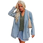 Justalwart Women's Oversized Non-Stretch Denim Blazers Notched Lapel Jean Shacket Coat Cover Ups