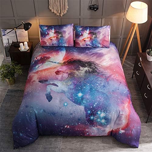 starfarm Unicorn Galaxy Bedding Set Lovely Purple Unicorn Quilt Cover Full Size for Kids Girls 3pc Cartoon Duvet Cover