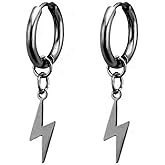 Lightning Bolt Small Huggie Hoop Earrings Stainless Steel Punk Personalized Black Flash Thunder Dangle Drop Earrings for Unisex Men Women Minimalist Goth Hip Hop 80s Party Fashion Jewelry Gifts