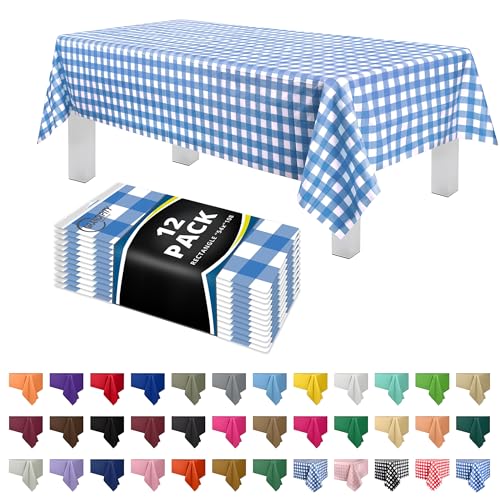 Grandipity 12 Pack Premium Disposable Plastic Picnic Tablecloth 54 Inch. x 108 Inch. Decorative Rectangle Table Cover - Blue Checkered Gingham