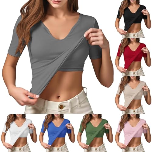 Womens Short Sleeve Shirts with Built in Bra V Neck Basic T-Shirts Workout Yoga Spring Tops Athletic Shelf Bra Tops Padded
