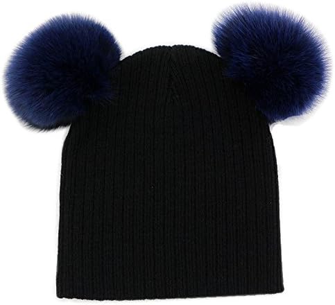 Hiloving Cute Baby Girls Boys Beanie Cotton Winter Hats With Real Fox Fur Pompom (Black)