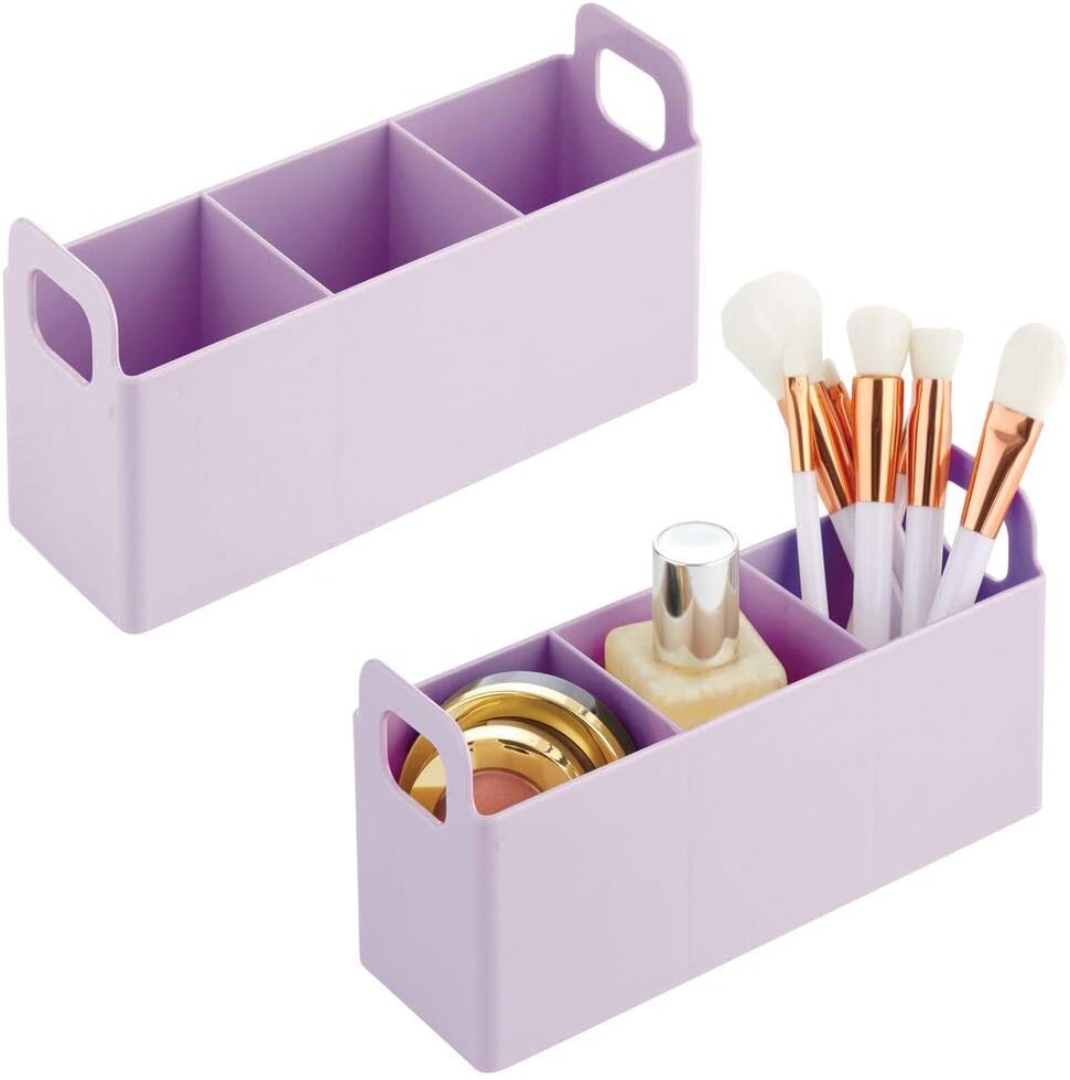 mDesign Plastic Bathroom Vanity, Cabinet, Countertop Cosmetic Organizer Storage Station Makeup Holder - Holds Eyeshadow Palettes, Nail Polish, Blenders, Lip Gloss, 2 Pack - Light Purple
