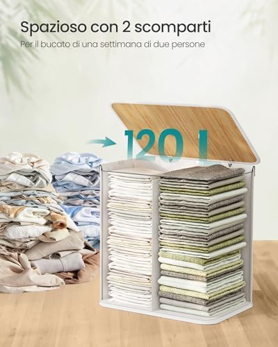 Cesta Portabiancheria con Coperchio, 2 Scomparti, 120 L, Cesto Porta Biancheria in Bambù Pieghevole, Sacco Rimovibile e Lavabile in Lavatrice, Maniglie, Lavanderia Camera, Bianco LCB014W01