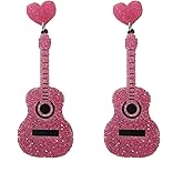 Pink Guitar Earrings for Women Music Guitar Earrings Lover heart earrings Heart Punk Dangle Drop Earrings
