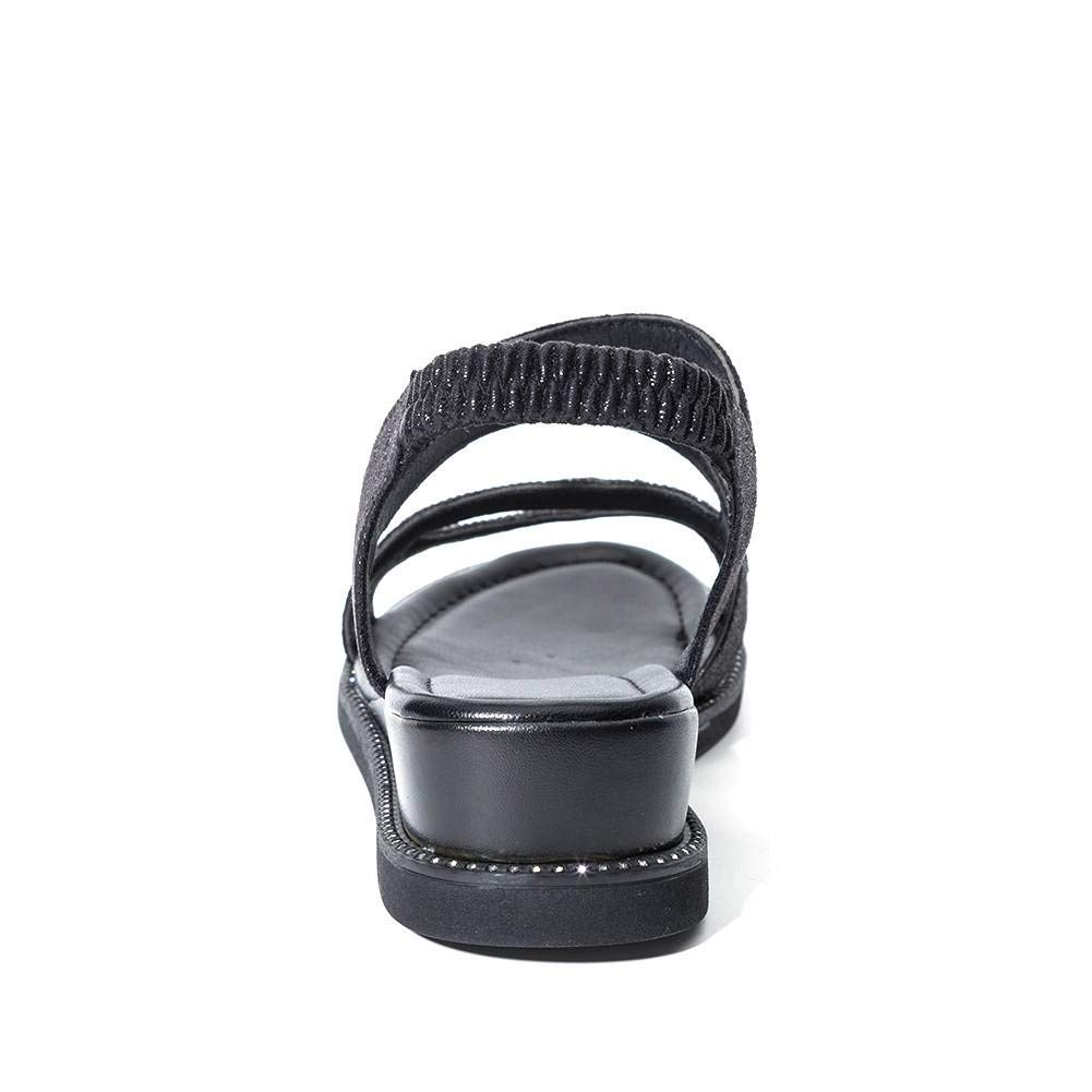Yolanda Zula Women‘s Elastic Heel Rhinestones Flat Sandals Black Wedge Summer Shoes (7)