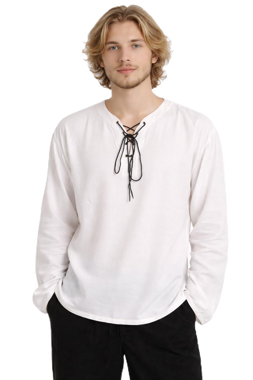 Photo 1 of ?Men's Banded Collar Stripe Shirt, Linen Cotton Mandarin Collar Long Sleeve Button Down Shirts Collarless Tops with Pocket for Casual & Business WHITE