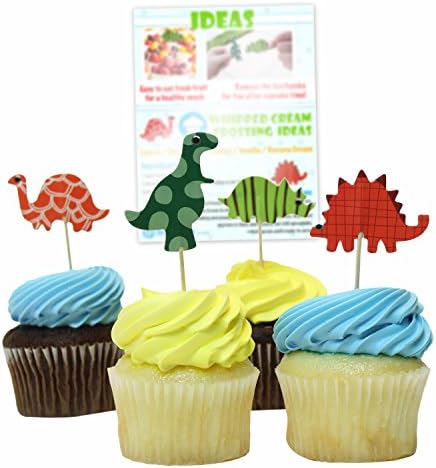 Bonitolife Assorted Dinosaur Cupcake Toppers with Bonus Tips, Recipes and Coloring Pages PDF - For Arts &amp; Crafts, Party Supply Favors, Decorations, Birthdays, and Celebrations - Set of 24