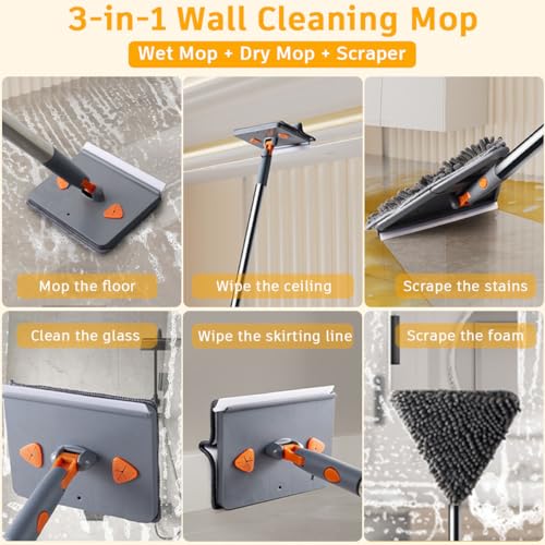 200cm Wall Cleaner Mop with Long Handle Adjustable Baseboard Mop Sweeper | Ceiling Cleaning Tool Duster, Squeegee, with Extendable Pole 2 Heads 8 Reusable Pads, for Window Floor, 3-in-1, Triangle