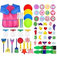 FOVERN1 60 Pieces Sponge Painting for Toddlers,Painting Brushes Kits for Kids, Foam Paint Brushes Set,Paint Cups with 1 PC Waterproof Paint Apron