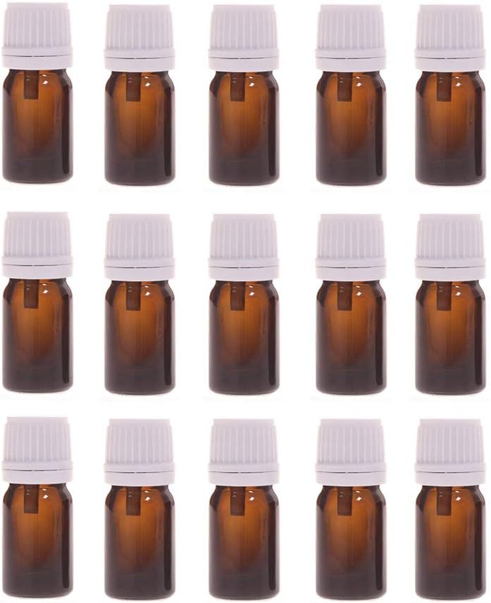 Constore 5ml Amber Glass Bottle for Essential Oil Refillable Vials Empty Containers with Euro Dropper Orifice Reducer for Home and Travel Sample Dispenser White Coarse Grained Cap-15 Pack