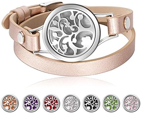 Amaztar Essential Oil Diffuser Bracelet, Genuine Leather Band, Stainless Steel Aromatherapy Locket with 8 Color Pads, Jewelry Gift Set, Rose Gold