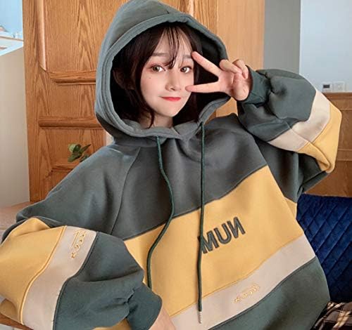 Amazon Dokuichigo パーカー レディース 韓国 裏起毛 長袖 バイカラー オルチャン 原宿系 双子コーデ グリーン トレーナー パーカー 通販