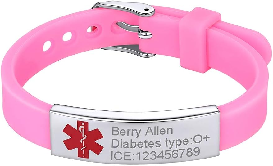 PROSTEEL Pink Silicone Adjustable Medical ID Bracelet Free Engraving