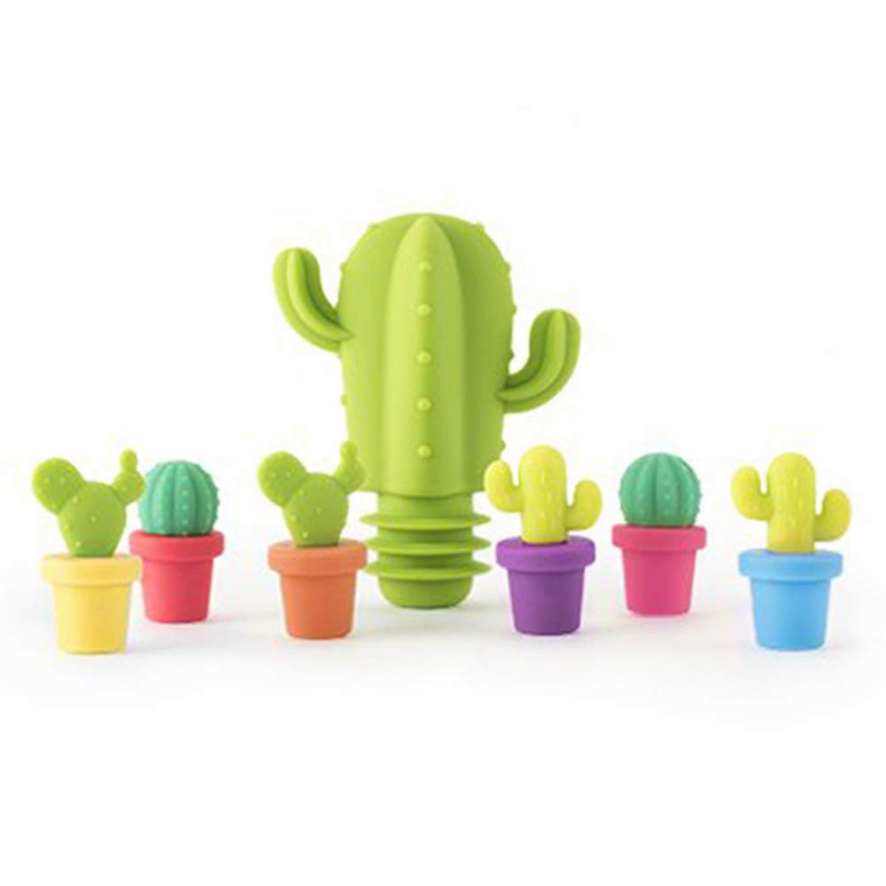 Hoshen 7 Piece Set Creative 1 Silicone Stopper and 6 Silicone Wine Glass Marking, Character Wine Bottle Stopper Set, Cactus Shape Silicone Wine Bottle Stopper
