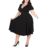 Nemidor Plus Size Dresses for Curvy Women Casual Summer V Neck Short Sleeve Midi Cocktail Vintage Dress with Pocket