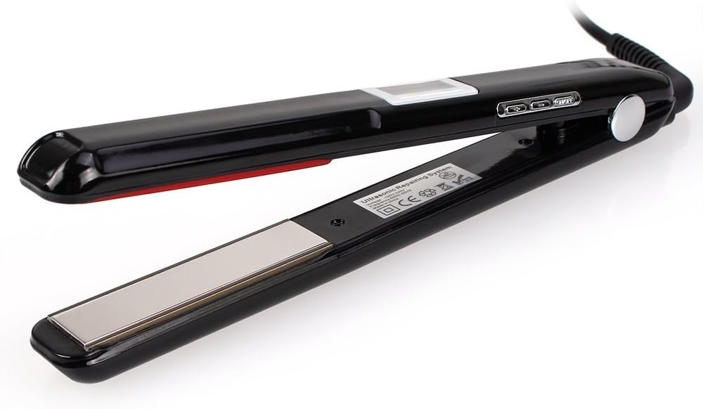 Professional Grade Ultrasonic Infrared Care Hair Straightener, Recovers the Damaged Hair, LCD Display, Dual Voltage, Best Hair Treatment Styler Cold Iron Straightener for All Type Hair. (Black)