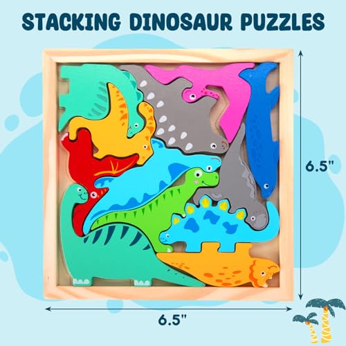 LovesTown 12PCS Stacking Dinosaur Puzzles, Preschool Wooden Dinosaur Toys Chunky Jigsaw Puzzles for Birthday Gift Kids Age 2 3 4 5