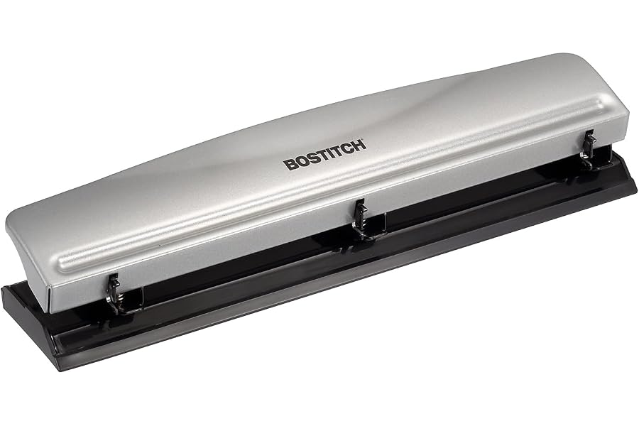 Bostitch Office Premium 3 Hole Punch, 12 Sheet Capacity, Metal, Rubber Base, Easy-Clean Tray, Silver